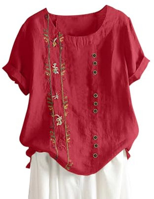 Musselin Bluse Damen Casual Fashion, Sale Angebote Kurzarm T-Shirt Mit Knopfleiste Aus Baumwolle Und Leinen, Günstig Oberteile Elegant Schick Bluse Leicht Und Luftig, Shirt Top Weich Bequem