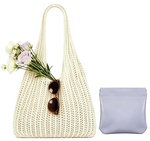 ZhongShuang 2 Stück Beige Häkeltasche Und Kosmetiktaschen,Strandtasche Damen Sommer Boho,Strandtasche Häkeltasche,Gestrickte Tasche Beach Bag Netz Strandbeutel Für Alltag,Shopping Und Urlaub