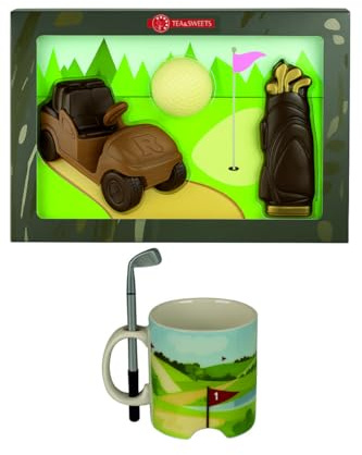 Geschenkset für Golfer, Schokoladen-Caddy mit Golfball und Tasche, Kaffeetasse mit Golfplatz-Motiv