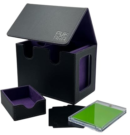 PUKARA Commander Card Deck Box for MTG. Card Storage with Magnetic Closure, MTG Deck Box, Includes 100 Card Sleeves, Dividers, Dice and Tokens Tray, 35PT Card Holder (Black and Purple)