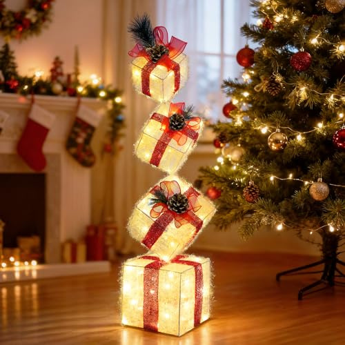 WingFly 4 Set LED Geschenkbox Weihnachten, LED Geschenkboxen mit Timer, Batterie betrieben beleuchtete Boxen mit 100 LEDs, Weihnachts Dekoration für Weihnachtsbaum Fensterbank Garten