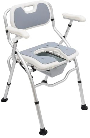 Toilettenstuhl Faltbar Nachtstuhl mit Armlehne und Toilette, Duschzusatzstuhl Höhenverstellbar 42-52cm, Herausnehmbarer Eimer, Bis 150 kg