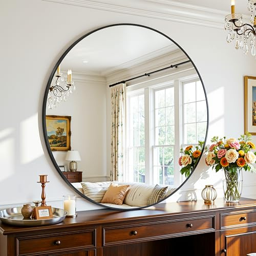 Antok Spiegel Rund, 76cm Schwarz Dekorative Wandspiegel für Bad, Eitelkeit, Wohnzimmer, Eingangsbereich, Runder Spiegel Hängend oder Lehnend, Aluminium Rahmen