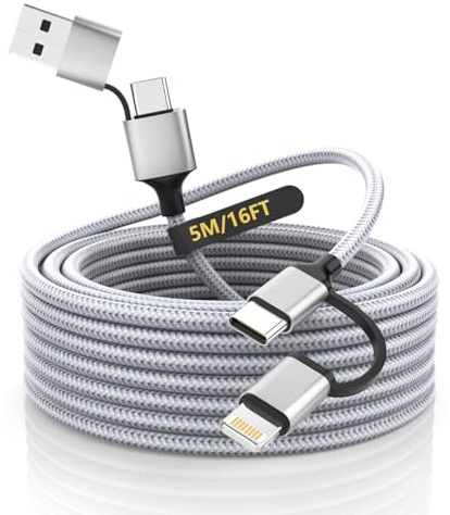4-in-1 Multi Charger Cable, 2-in-2 USB A+USB C to USBC+Lightning Charging Cable with PD 60W Fast Charging,5M/16TF Extra Long USB C Charging Cable for iPhone 17/16/15/14/13/12/Plus/Pro Max/iPad/Android