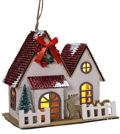 Fictory Roter und weißer Hirsch-Weihnachtsbaum mit beleuchteter Kabine, verschneite Szene, Tischdekoration für Urlaub, Heimdekoration
