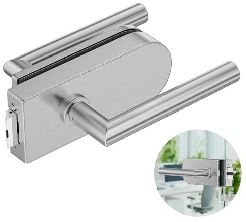 Ranbo Non-keyed Glass Door Lock with Lever Handles, 8-12 mm, Brushed Nickel | 304 stainless steel, quiet latch, frameless pre-drilled glass, reversible single/double swing doors for offices