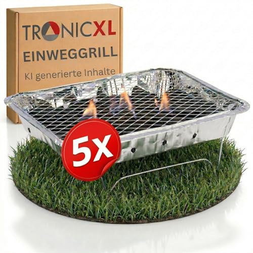 5 x grill monouso a carbonella e grill rapido per viaggio, festival, viaggi, barbecue, tempo di combustione ca. 1,5 ore – con griglia per barbecue e supporto