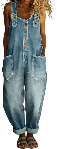 FUPODD Jumpsuit Damen Jeans Locker Latzhose Damen Sommer Lang Overall Elegant Denim Romper Mit Tasche Knöpfe Jeanslatzhose Frauen Schicke Playsuit Vintage Latzhosen Casual Einteiler Jean Overalls