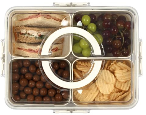 LIVIVO Snack Box with Compartments - 4 Removable Trays, Portable Snack Tray with Lid, Handle, Snap Locks - Silicone Seal, BPA Free - Ideal for Fruit, Snacks, Nuts, Spices, Picnics & Parties