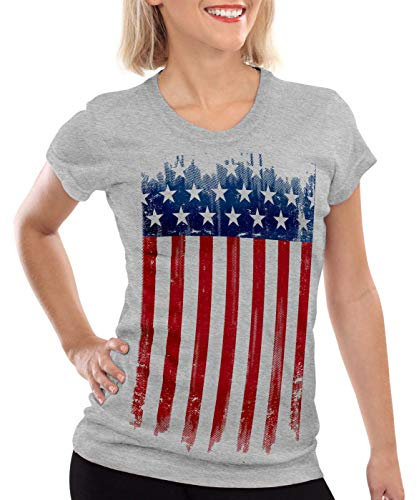 style3 USA Flagge Damen T-Shirt Banner vereinigte Staaten von Amerika us Stars Stripes, Farbe:Grau meliert, Größe:S