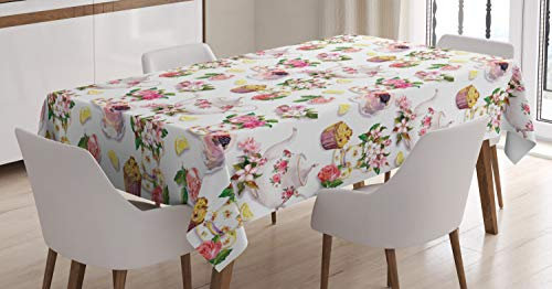 ABAKUHAUS Jahrgang Tischdecke, Bunte Retro Teekannen, Pflegeleicht mit Modernster Druck Technologie Waschbar und Personalisiert, 140 x 240 cm, Weiß Rosa