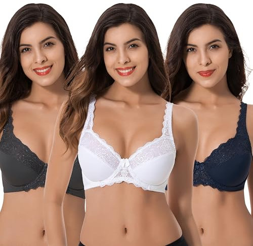Curve Muse Taglia Grossa Minimizer Reggiseno Sfoderato con Ferretto con Ricamo in Pizzo-Confezione da 3-Marina Militare,Ardesia,Bianca-4F