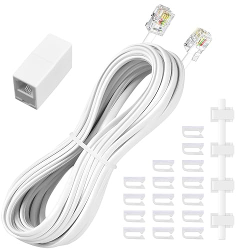moeverEX Phone Extension Cord 25 Ft, Telephone Cable with Standard RJ11 Plug and 1 in-Line Couplers and 20 Cable Clip Holders, White