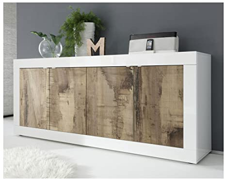 Tousmesmeubles Buffet 4 Portes Blanc/Planches Bois - Matera - L 207 x l 43 x H 86 cm - Neuf