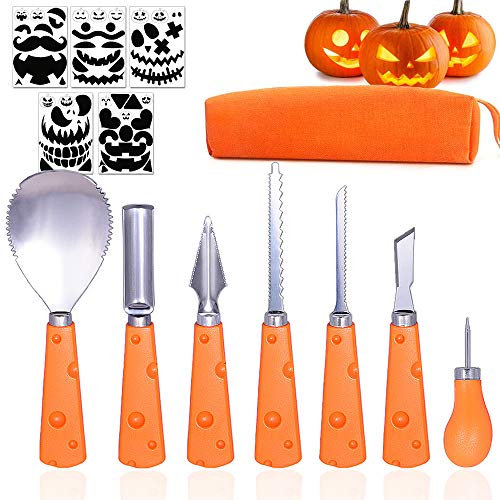 Taspire 7 paquetes de kit de tallado de calabaza con plantillas, (juego de herramientas de tallado de calabaza de Halloween), juego de tallado de calabaza