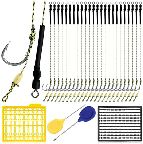 YOTO Karpfenangeln Hair Rigs – 24 Stück Hartstahl Gebogene Karpfenhaken Wirbel Boilies Angelvorfächer mit geflochtener Fadenschnur Rollen Karpfenangeln Zubehör