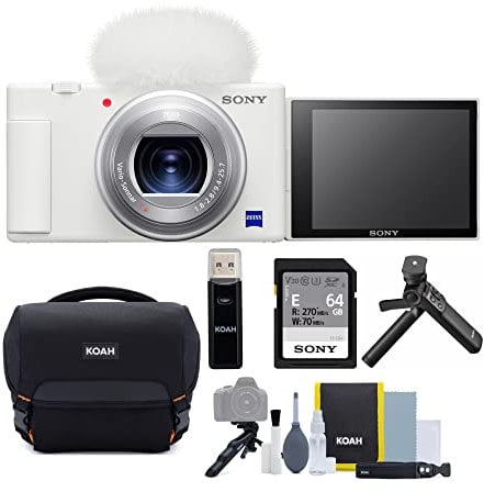 Sony ZV-1 Compact 4K HD Digital Camera for Content Creators (White) Bundle with Sony Accessory Kit, Memory Card Reader, Camera Bag with Cleaning Kit, and Photo Software (5 Items)