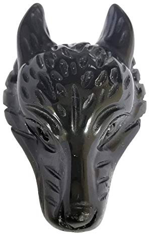 Lovionus89 Natürlich Schwarzer Obsidian Wolf Kopf Stein Statue, Mini 40mm Tier Heilung Kristall Tasche Skulptur