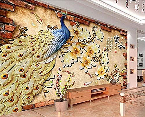 XiuTaiLtd Red Brick Wall Colorful Carved Magnolia Peacock Wallpaper Wallpaper Wall Paper Photo Wallpaper 3D Effect Wall Paper Living Room Bedroom Children's room-450x315 CM