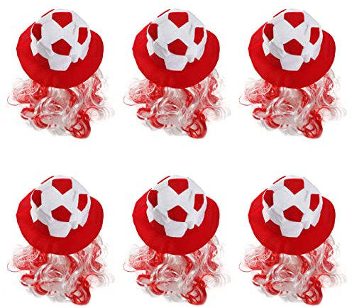 I LOVE FANCY DRESS Adults Football Hat - Pack of 6 - Red & White Football Hat with Attached Red & White Hair - Adults Sports Supporters World Cup Euros Accessory