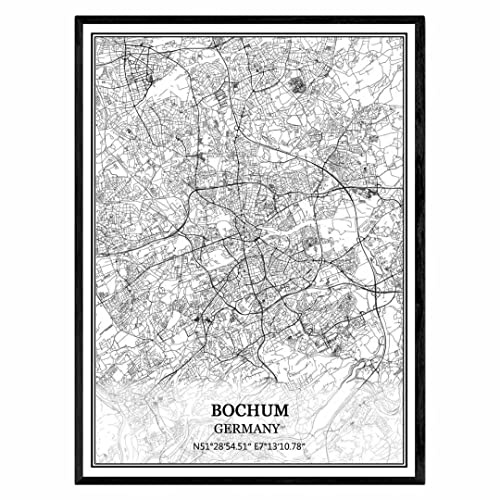 TANOKCRS Bochum Deutschland Karte Wandkunst Leinwand drucken Poster Artwork ungerahmt moderne Schwarz-Weiß-Karte Souvenir Geschenk Home Decor 31x41 cm