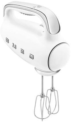 Smeg HMF01WHUK Hand Mixer with Turbo Function, 3 Attachments, LED Display, Retro 50's Style, 250W, White