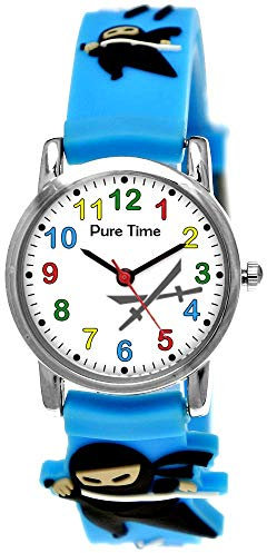 Pure Time® Kinder-Uhr Mädchen-Uhr für Kinder Jungen-Uhr Silikon-Kautschuk Armband-Uhr Uhr mit 3D Ninja Samurai Waffen Motiv Ninjauhr Lern-Uhr Schul-Uhr Sport-Uhr Schwarz Weiß (Hellblau Türkis)