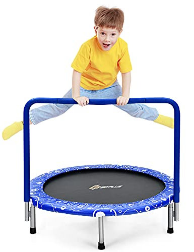 GOPLUS φ92cm Kinder Mini-Trampolin mit Haltegriff, klappbares Gartentrampolin bis 150kg belastbar, Kindertrampolin für Indoor&Outdoor&Garten, stabiles Sicherheitstrampolin für Kleinkinder (Blau)