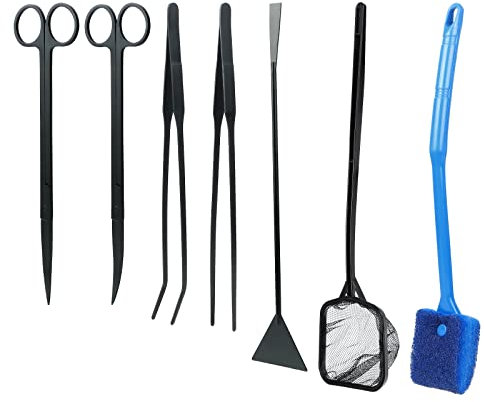 Coolty Kit de Herramientas de Acuario 7 en 1 para Plantas acuáticas, Pinzas de Tijera de Acero Inoxidable, Herramientas de Limpieza de Acuario, Red de Pesca y raspador de Algas para Acuario
