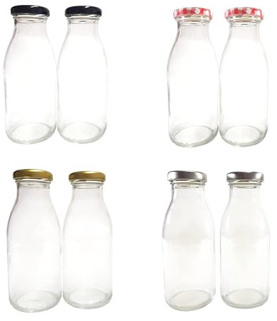Britten & James 500ml Retro Clear Glass Milk Bottle with Red Gingham Lid (Pack of 2). For Homemade Milk and Yoghurts, Decoration and Weddings