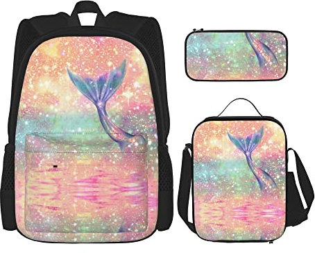 Schulrucksack-Sets, 3-teilig, für Studenten, Teenager (Magic Tail Glitter Pink Mermaid), Büchertasche + Lunchpaket + Federmäppchen, süße College-Arbeits-Fitnessstudio, Wandern, Angeln, Computertasch