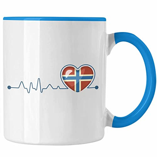 Trendation - Norwegen Geschenke Tasse Flagge Nordkap Elch Norway Grafik Herzschlag (Blau)