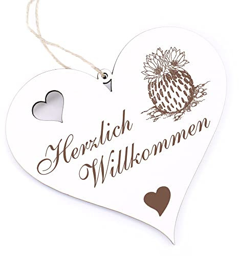 Herzlich Willkommen Schild - Kaktus - Deko Herz Holz Willkommensschild Türschild Dekoschild Türdeko