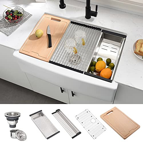 Hovheir 33 Inch Fireclay Farmhouse Sink Workstation - 33x21 Workstation Apron Front Farm Kitchen Sink White Ceramic Porcelain Single Bowl Farm Sink Extra Deep Wide Curved Front Undermount Farm Sinks