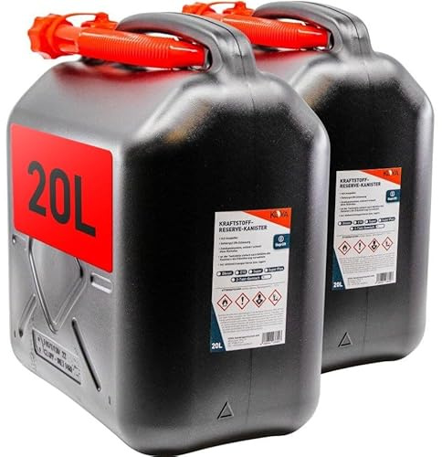 2x Benzinkanister 20L Schwarz Kunststoff Dieselkanister | Reservekanister, Kraftstoffkanister, Wasserkanister für Benzin Diesel Wasser AdBlue, Mit Ausgießer