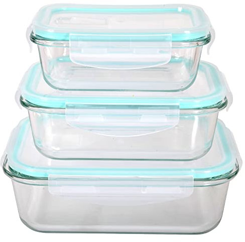 HOCHSTE Glass Food Storage Container Set with Plastic Lids (3 Pcs Set)- Healthy Meal Prep Boxes with Airtight Lids Dishwasher, Oven, Microwave & Freezer Friendly Teal - Rectangle