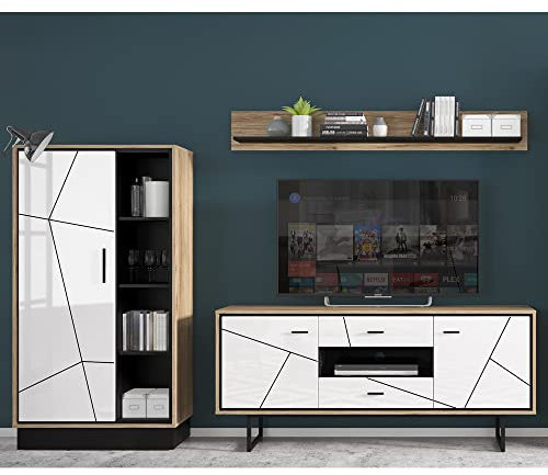 Lomadox TV Wand Wohnwand Mediawand modern Schrankwand Wohnzimmer in Catania Eiche Nb. mit schwarz und weiß Hochglanz, B/H/T: ca. 267,5/190/40 cm