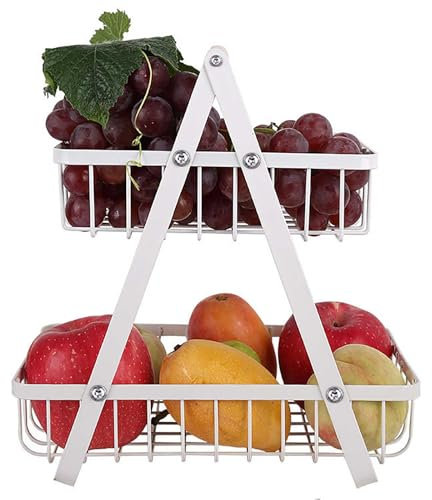Yagosodee Obstkorb 2 Etagen Brotkorb Obst Etagere, Metall Obstschale Etagere Gemüsekorb Etagere, 2-stöckiger Obst Schüssel Obsthalter für Küche Gemüse Snacks Aufbewahrung (Weiß, Quadrat)