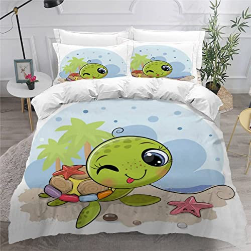 AASIRA Süße Schildkröte Bettwäsche 135x200 Kinder Bettwäsche Cartoon-Tiere Weiche Mikrofaser Bettbezug mit Reißverschluss Jungen Mädchen Bettwäsche-Set 3D Motiv Bettbezüge mit 2 Kissenbezug 80x80