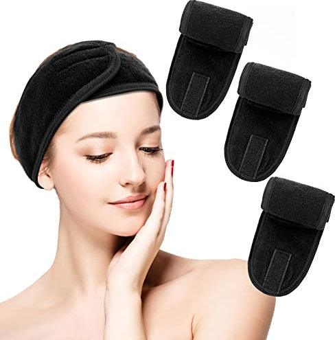 Sibba 3 Pack Spa Stirnband Verstellbar Für Gesichtswäsche, Make-up, Schönheit, Gesichtsschlaufe, Yoga - Selbstklebendes Handtuch (Schwarz)