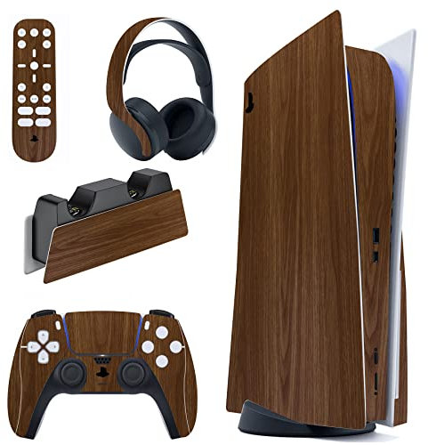 PlayVital Autocollant Manette pour ps5 Protection Accessoires,Sticker Skin pour ps5 Habillages Console Standard & Casque & Station de Charge & Télécommande Média-Grain de Bois