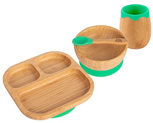 Tiny Dining Baby Feeding Set - Divided - Green - 4pc - Divided Non-Slip Bamboo Self-Feeding Weaning Plate, Bowl, Drinking Cup & Spoon for Babies, Toddlers, Children