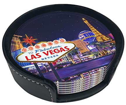 Lot de 6 dessous de verre ronds en cuir Las Vegas Night City - Organisateur de dessous de verre en cuir : fin et doux, facile à nettoyer - 9,9 cm