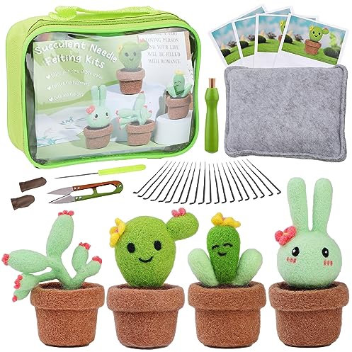 Bamru Juego de fieltro punzonado para principiantes, juego de fieltro con caja, juego de 4 piezas de fieltro de lana de cactus, accesorios de fieltro con almohadilla de fieltro de aguja, agujas de