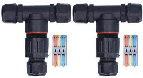 Tomotato Waterproof Junction Box Connector, Durable 3 Way T Shape Outdoor Cable Connector with Brass Contacts and Flame Retardant Nylon for Garden and Landscape Lights