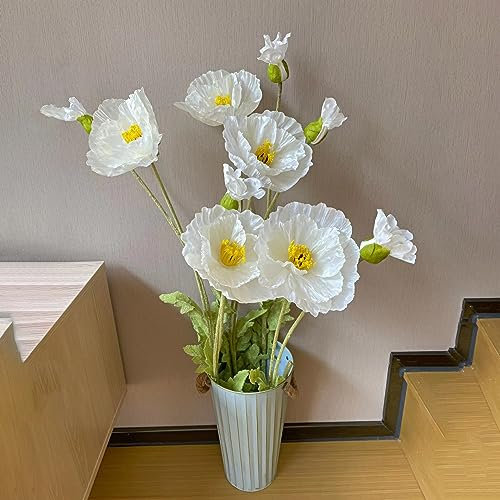 XIAOHONG Große künstliche Mohnblumen, weiße Seidenblume, 5 Stiele, künstliche Maismohnblume, realistische Mohnblumen, großer Mohnblumenstrauß für Zuhause, Hochzeitsdekoration (weiß)