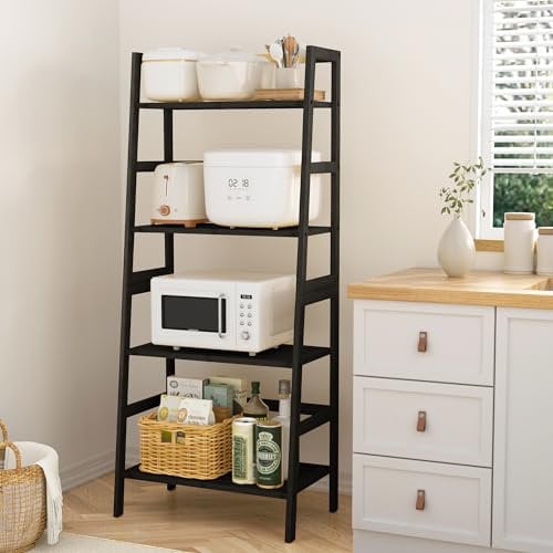 Acovy Scaffale a scaletta in bambù a 4 ripiani, libreria autoportante, supporto per piante, per camera da letto, soggiorno, bagno, piccolo spazio, colore nero