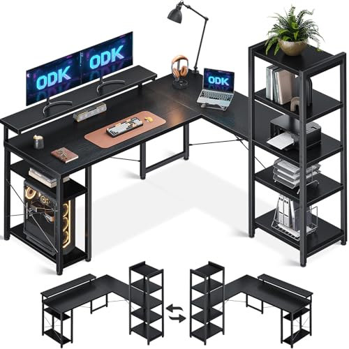 ODK Computer Desk with Shelves, Reversible L Shaped Desk with Monitor Stand, Reversible Home Office Table, Black, 155 × 140 cm