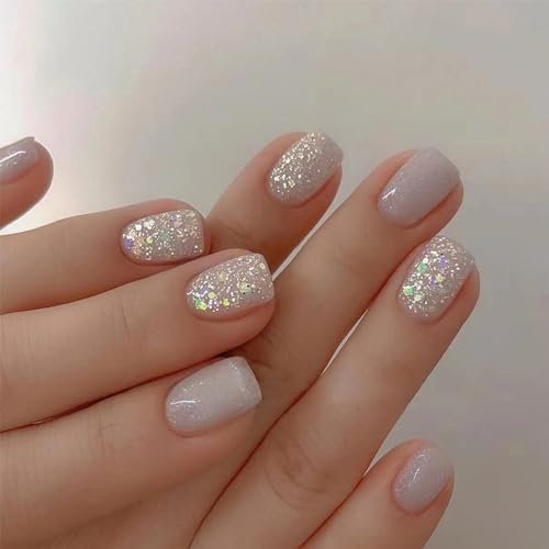 24pcs Short Square False Nails Glitter Silver Press on Nails Nude Stick on Nail Removable Acrylic Full Cover Glue on Fake Nail Art Accessories for Women