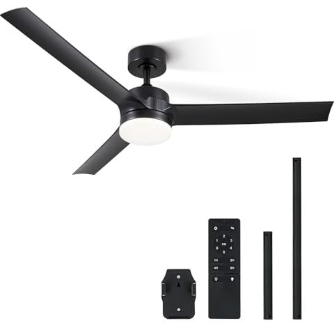 VONLUCE 132 CM Ventilatori da Soffitto con Luci e Telecomando Ventilatore da Soffitto Moderno Nero con 3 Pale Motore DC Reversibile Silenzioso a 6 Velocità per Camera da Letto Soggiorno Studio Patio